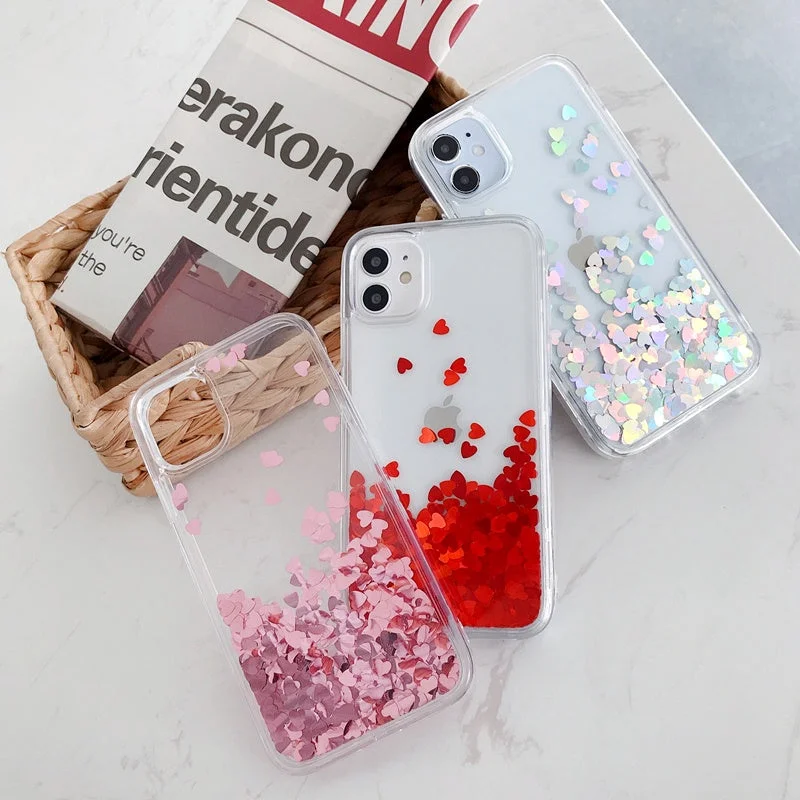 iPhone 13 12 Mini 11 Pro Max cute shining Casing red heart glitter liquid quicksand phone case For apple X XR XS Max SE 2020 with gold silver hearts