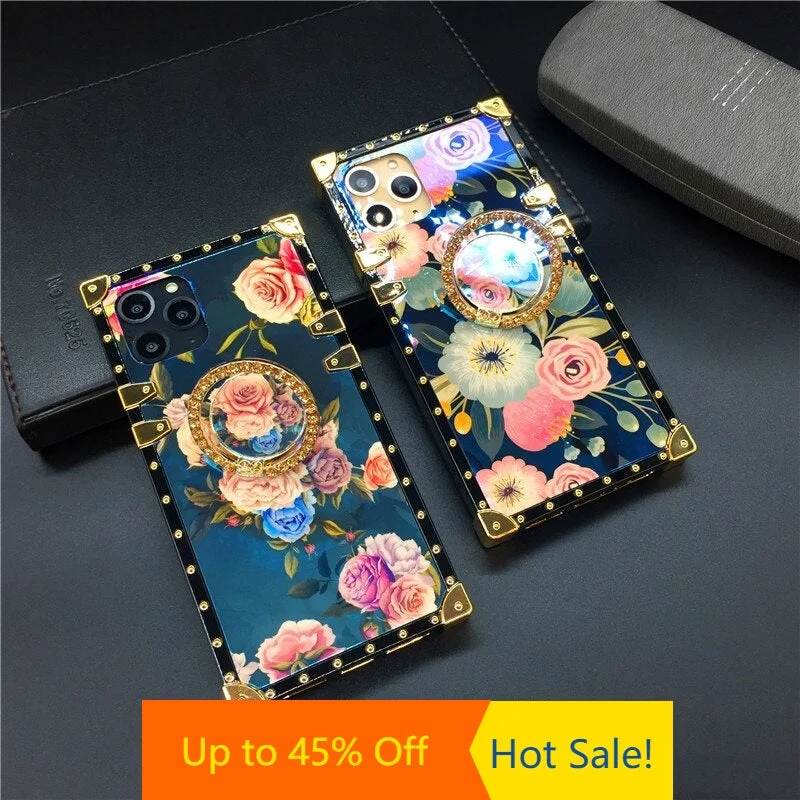 Luxury Gold Plating Floral Laser Flower Square Cover For iPhones