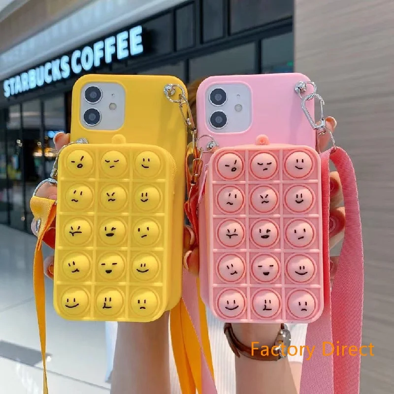 Galaxy Samsung A71 A81 A91 A80A90 Note 8 9 10 20 pro samsung M30 31 40S60S80S emoji face phone case GO POP IT case with card wallet change purchase key card bag with cross body strap back cover