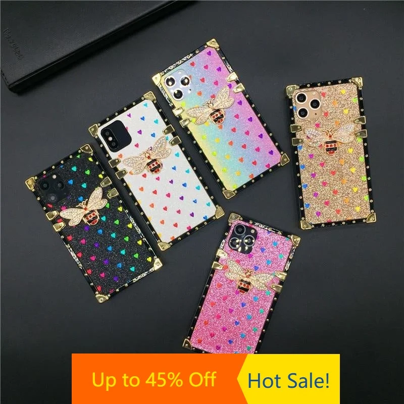 iPhone 12 PRO X XS Max Case For XR Love Heart Square Phone Cover Casing Luxury Brand Bling Bee for iphone 11 PRO MAX 7 Plus 8 6 6S