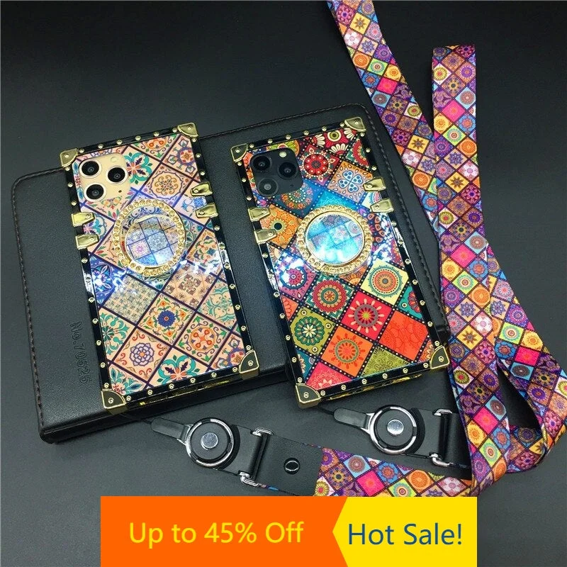 iPhone XS Max X XR Brand Vintage Flower Case For iphone 12 PRO 7 Plus 8 6S Laser Bling Square Plaid Phone Cover for iphone 11 PRO MAX