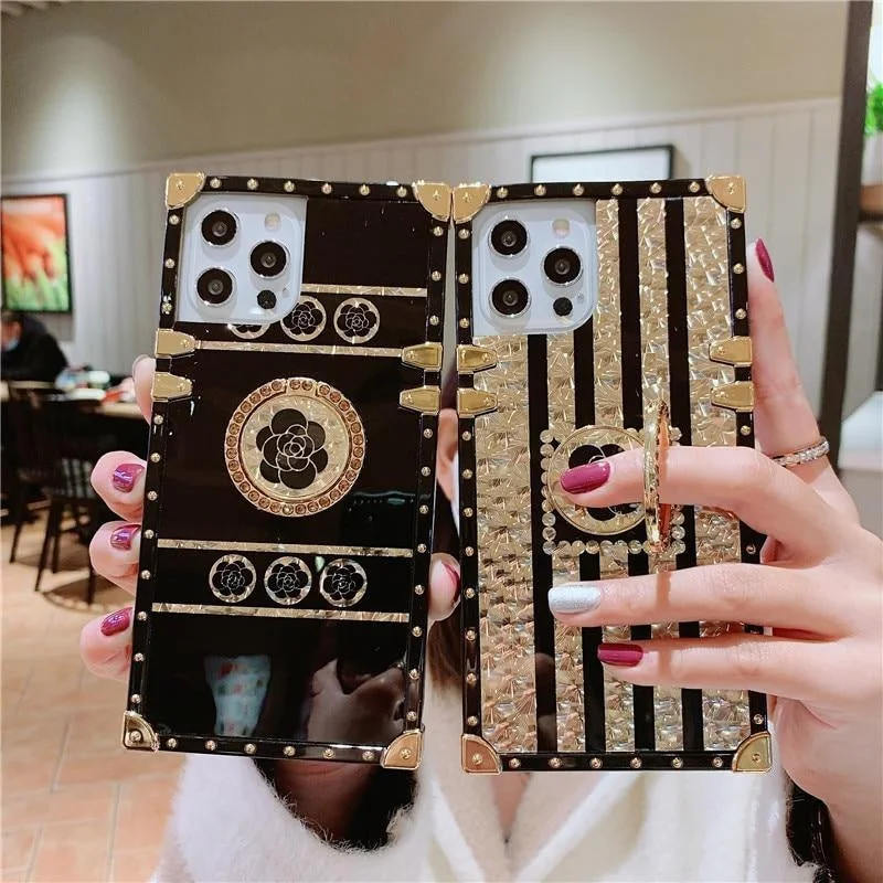 Luxury Square Bling Golden phantom Flower Ring buckle support Phone Case For iPhone and Samsung models