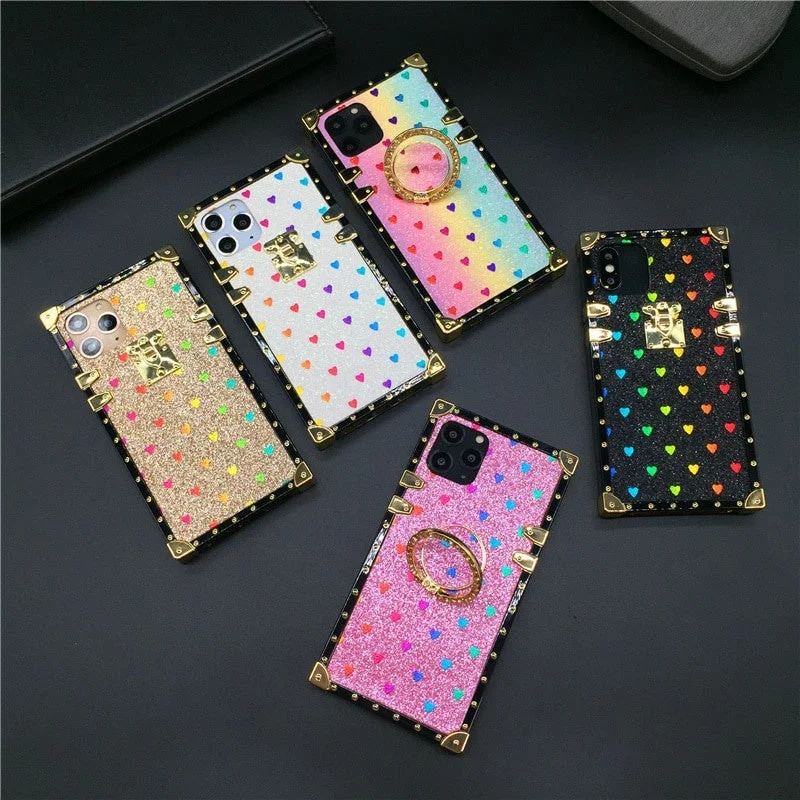 Samsung Galaxy Note 20 Ultra 10 9 8 S10 S21 Plus S20 S8 S9 A50 A51 A71 A70 Luxury Glitter Love heart Cover Soft Square Case with ring holder