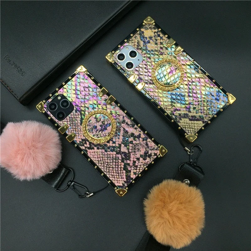 Samsung Note 20 Ultra S10 S20 Plus S21 Ultra S8 S9 9 8 10 A51 A71 A20S A50 A70 Fashion Snake skin Square Phone Cover Case with strap lanyard