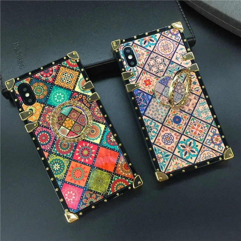 Samsung Note 20 Ultra S20 Plus S10 S21 PLUS S8 S9 9 10 8 J4 J6 M21 31 51 Luxury Plaid Flower Square Phone Cover Case with ring holder