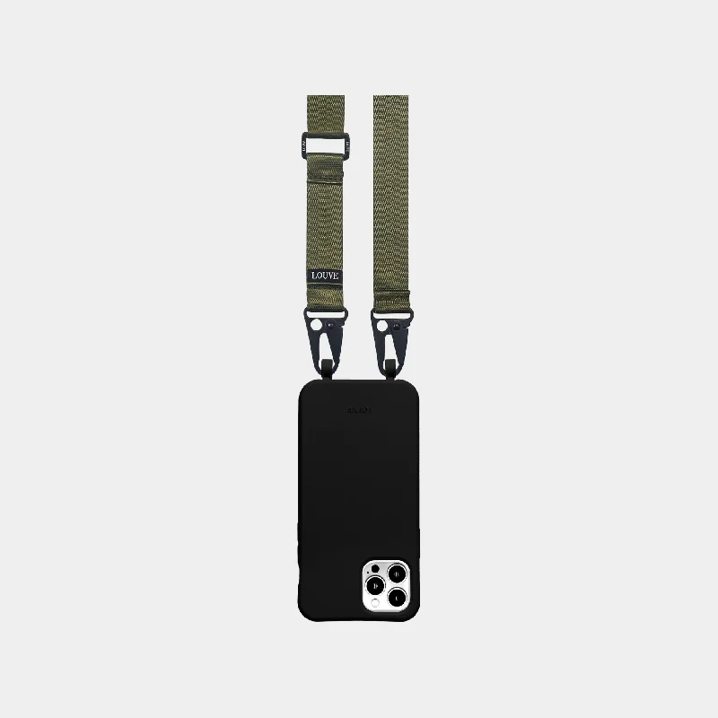 Black Phone Case + Olive Crossbody Lanyard