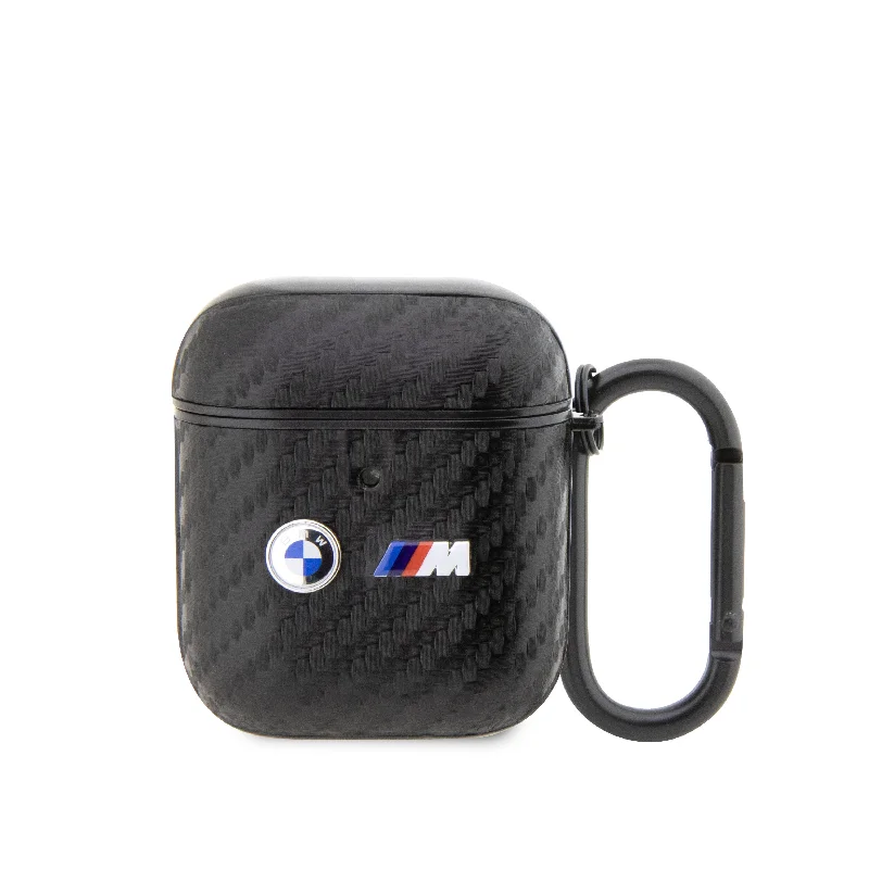 Airpods 1/2 - PU Leather Black Carbon Fiber Design Double Metal Logo - BMW