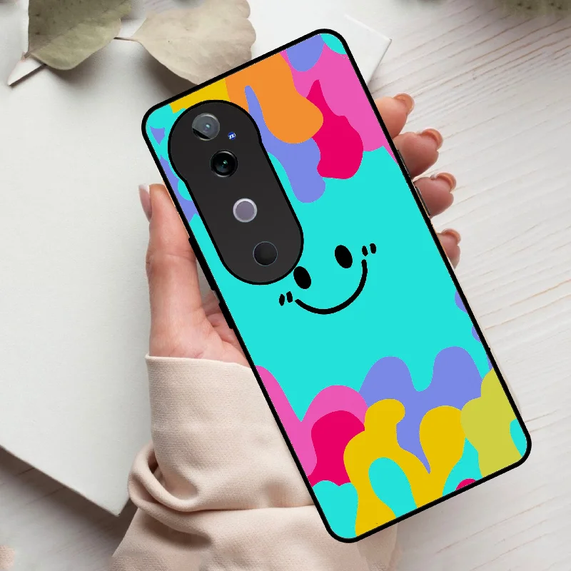 Cute Blue Smiley Multicolor Glass Case For Vivo