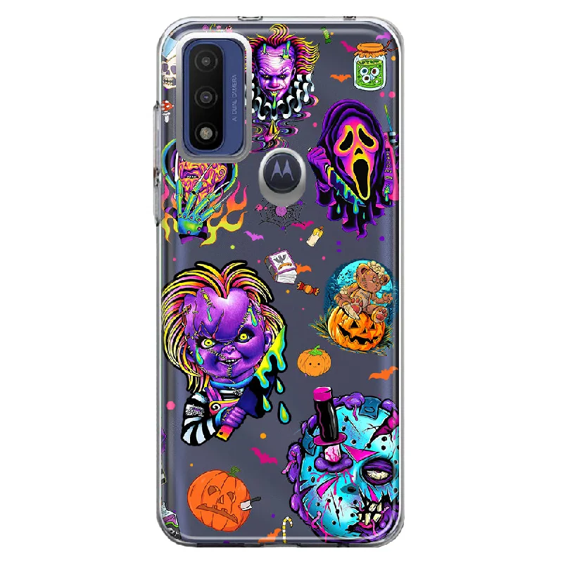 For Motorola Moto G Play 2023 Cute Halloween Spooky Horror Scary Neon Characters Design Hybrid Protective Phone Case Cover