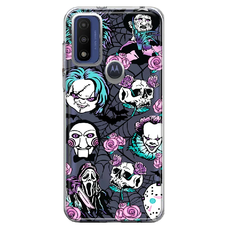 For Motorola Moto G Play 2023 Roses Halloween Spooky Horror Characters Spider Web Design Hybrid Protective Phone Case Cover