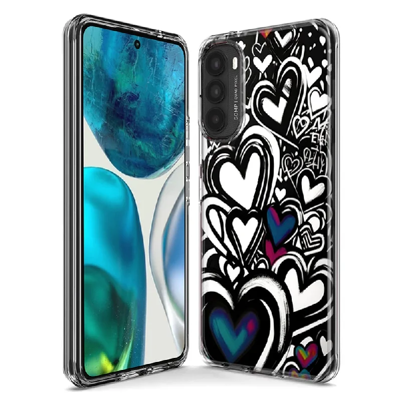 For Motorola Moto G Stylus 5G 2023 Black White Hearts Love Graffiti Design Hybrid Protective Phone Case Cover