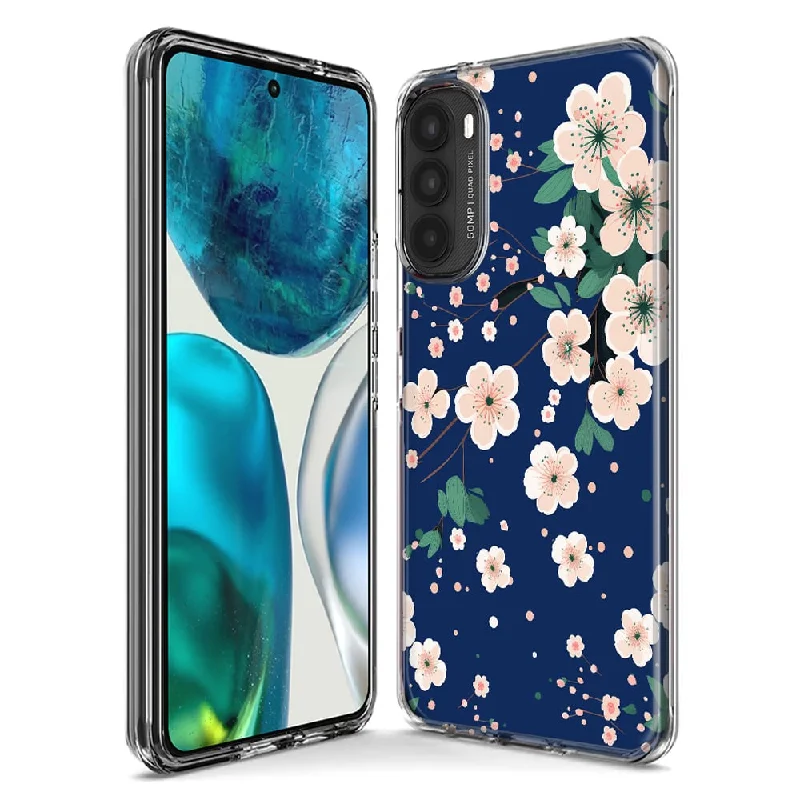 For Motorola Moto G Stylus 5G 2023 Kawaii Japanese Pink Cherry Blossom Navy Blue Design Hybrid Protective Phone Case Cover