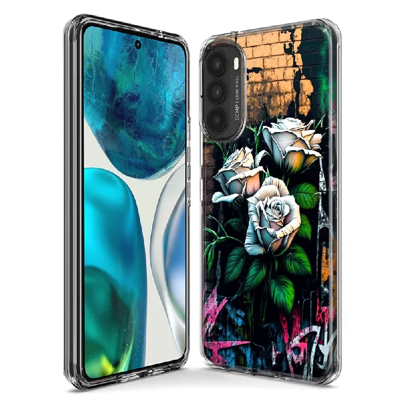 For Motorola Moto G Stylus 5G 2023 White Roses Graffiti Wall Art Painting Design Hybrid Protective Phone Case Cover