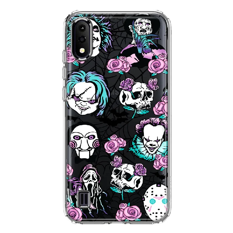 For Samsung Galaxy A01 Roses Halloween Spooky Horror Characters Spider Web Design Hybrid Protective Phone Case Cover