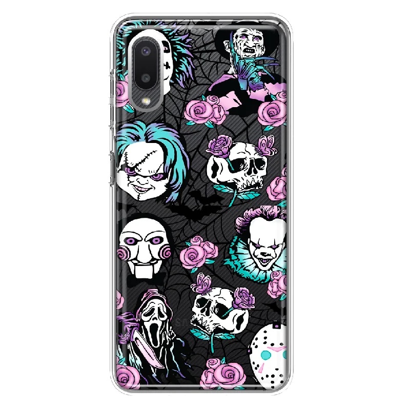 For Samsung Galaxy A02 Roses Halloween Spooky Horror Characters Spider Web Design Hybrid Protective Phone Case Cover