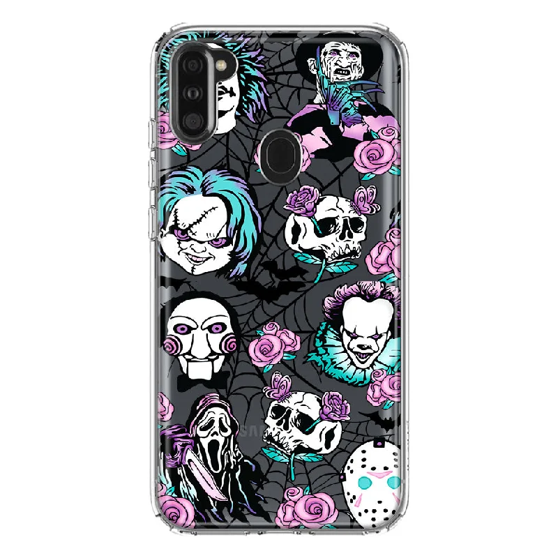 For Samsung Galaxy A11 Roses Halloween Spooky Horror Characters Spider Web Design Hybrid Protective Phone Case Cover