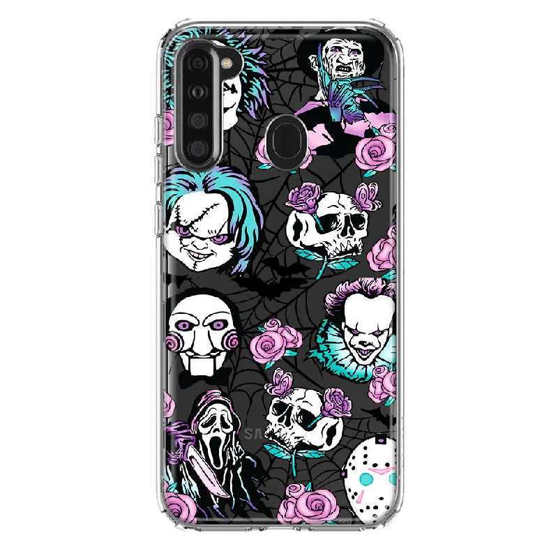 For Samsung Galaxy A21 Roses Halloween Spooky Horror Characters Spider Web Design Hybrid Protective Phone Case Cover