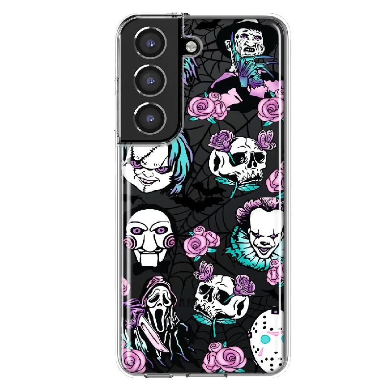 For Samsung Galaxy S21 FE Roses Halloween Spooky Horror Characters Spider Web Design Hybrid Protective Phone Case Cover