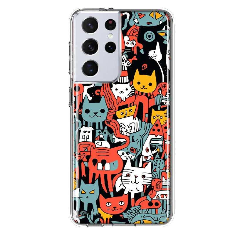 For Samsung Galaxy S21 Ultra Psychedelic Cute Cats Friends Pop Art Design Hybrid Protective Phone Case Cover