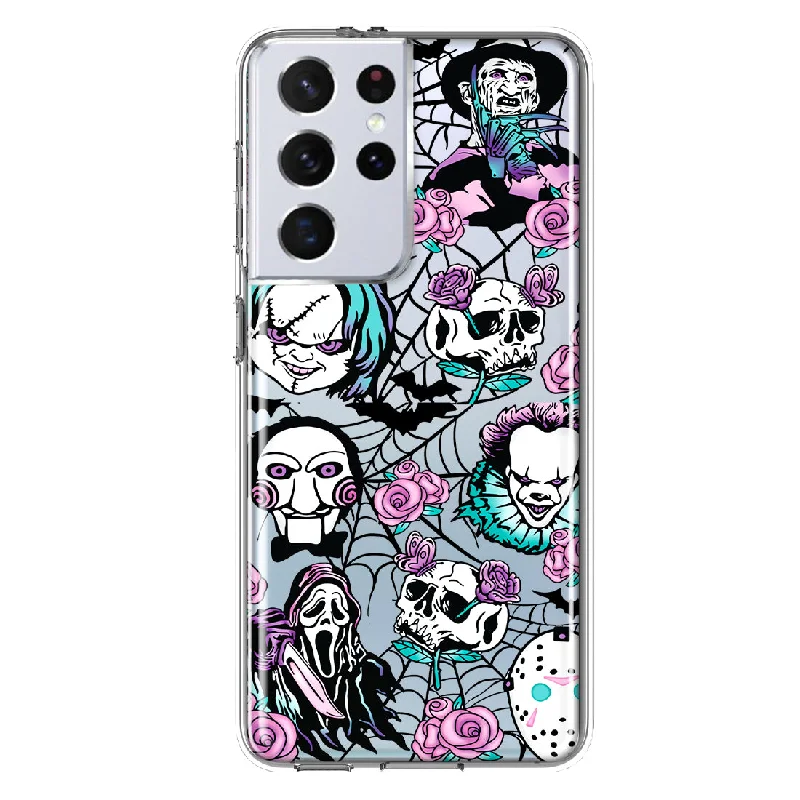 For Samsung Galaxy S21 Ultra Roses Halloween Spooky Horror Characters Spider Web Design Hybrid Protective Phone Case Cover