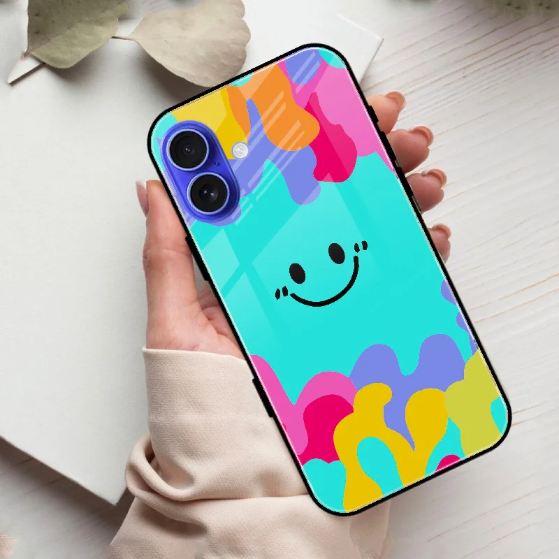 Cute Blue Smiley Multicolor Glass Case For iPhone