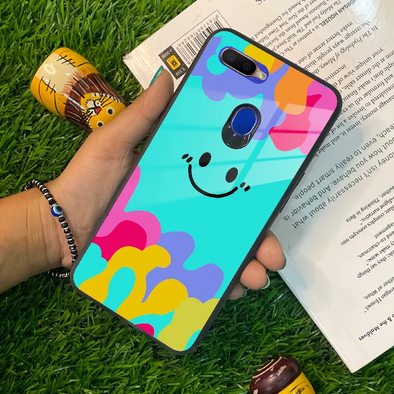 Cute Blue Smiley Multicolor Glass Case For Oppo