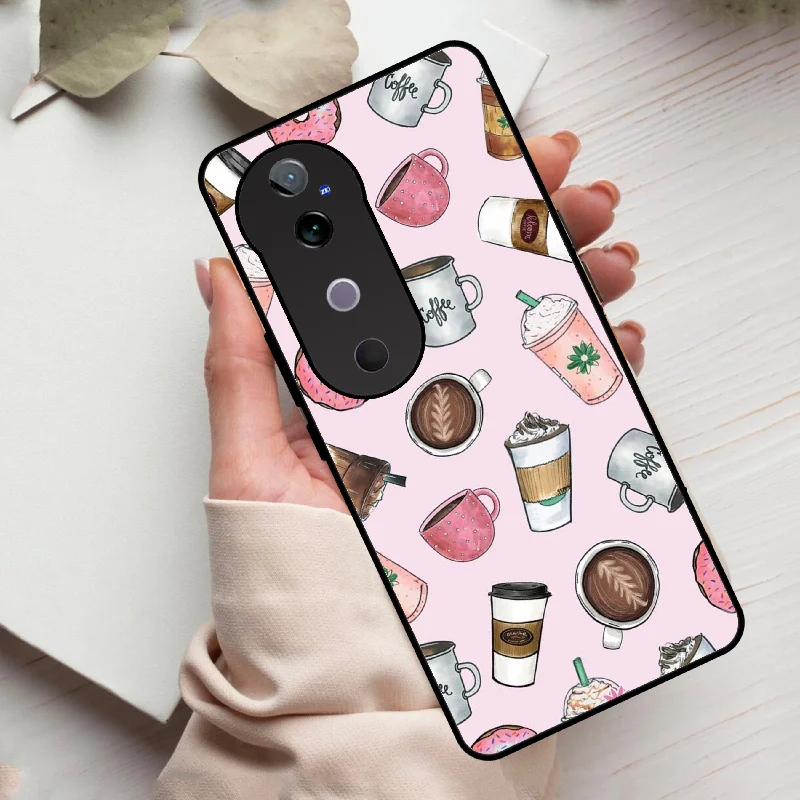 Cute Coffee Snacks Glass Case Cover For Vivo