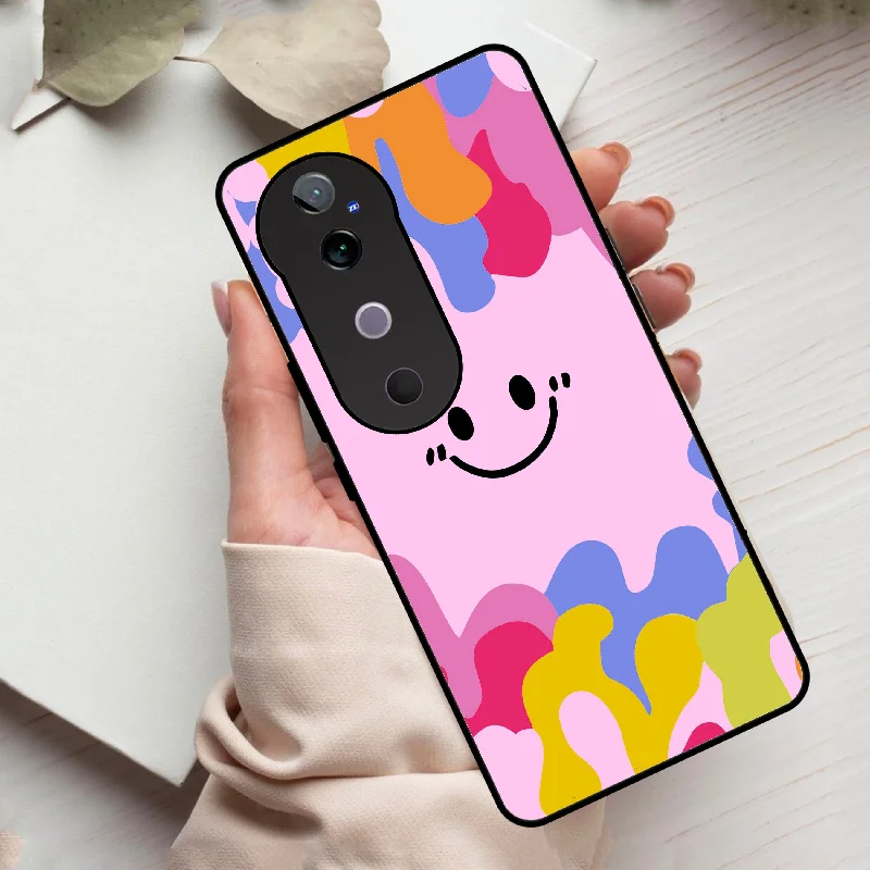 Cute Pink Smiley Multicolor Glass Case For Vivo