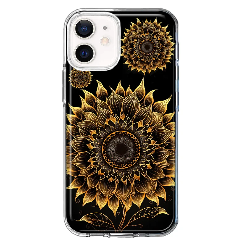 For Apple iPhone 12 Mandala Geometry Abstract Sunflowers Pattern Design Hybrid Protective Phone Case Cover