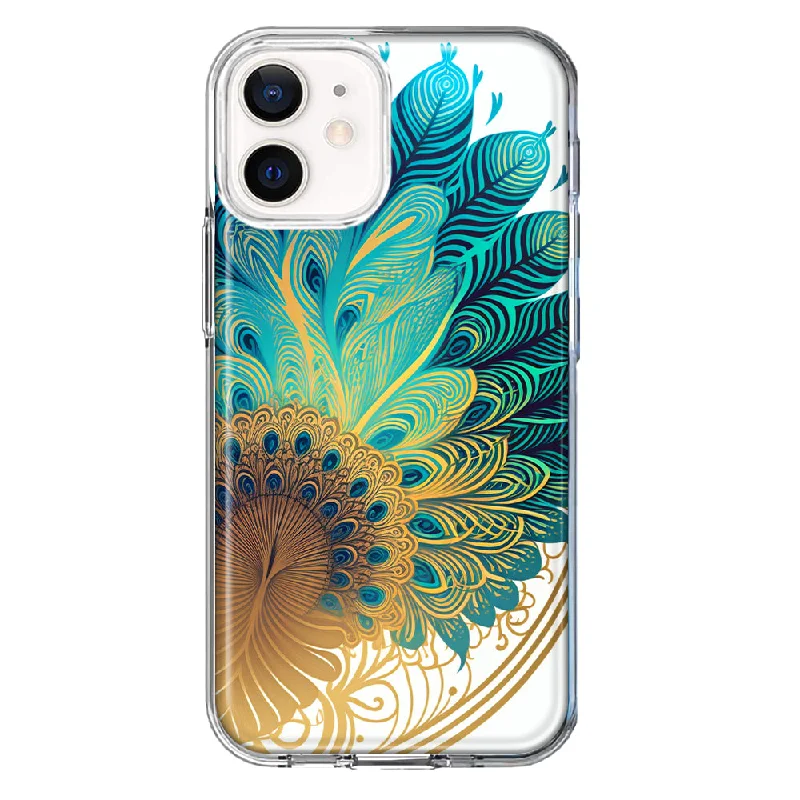 For Apple iPhone 12 Mini Mandala Geometry Abstract Peacock Feather Pattern Design Hybrid Protective Phone Case Cover