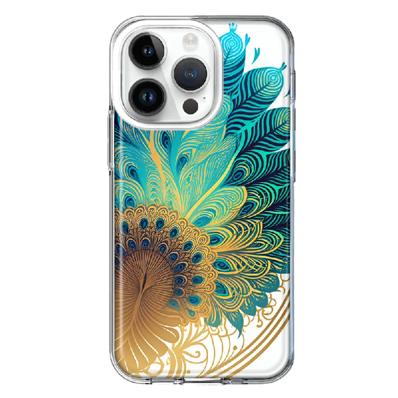 For Apple iPhone 14 Pro Mandala Geometry Abstract Peacock Feather Pattern Design Hybrid Protective Phone Case Cover