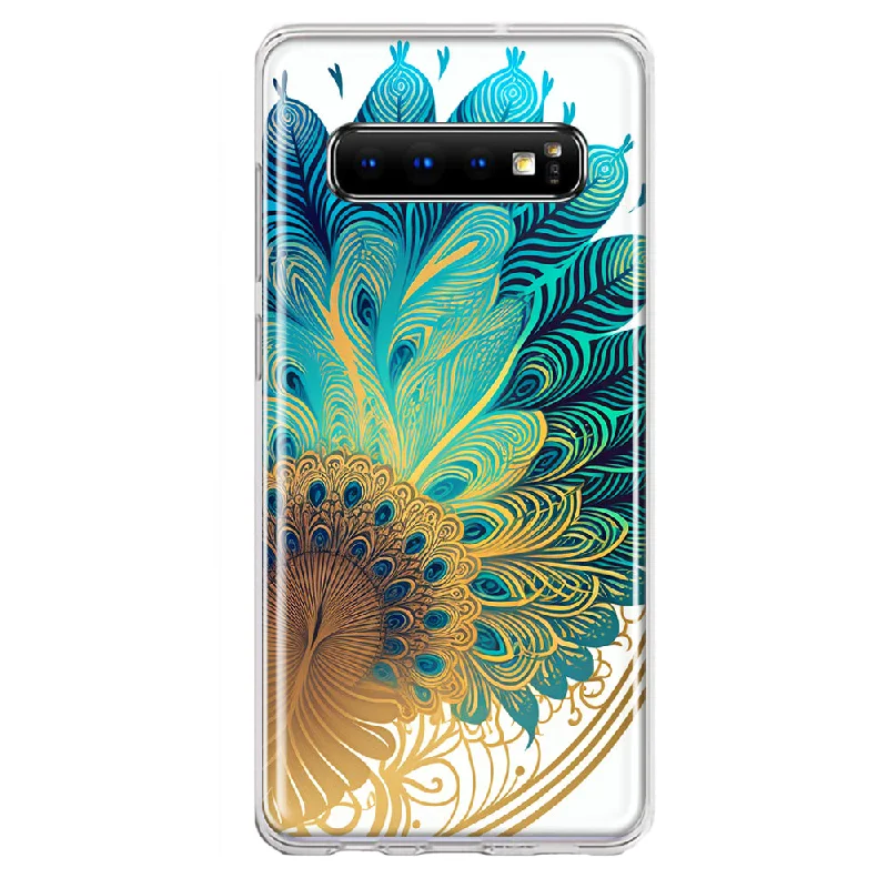 For Samsung Galaxy S10 Mandala Geometry Abstract Peacock Feather Pattern Design Hybrid Protective Phone Case Cover