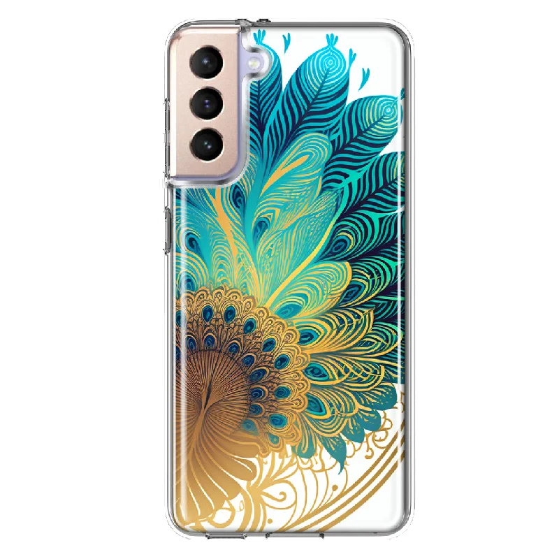 For Samsung Galaxy S21 FE Mandala Geometry Abstract Peacock Feather Pattern Design Hybrid Protective Phone Case Cover