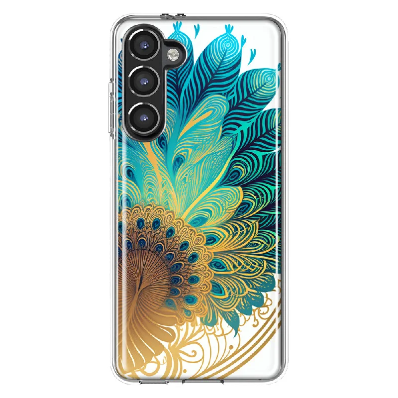 For Samsung Galaxy S23 Mandala Geometry Abstract Peacock Feather Pattern Design Hybrid Protective Phone Case Cover